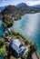 Aerial view of Duingt castle or Chateau de Duingt in Annecy lake, Haute Savoie, France