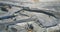 Aerial view dump truck drives along asbestos quarry road