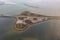 Aerial view Dutch dike Afsluitdijk between IJsselmeer and Wadden Sea