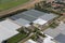 Aerial view Dutch polder with agricultural landscape and greenhouses