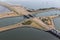 Aerial view Dutch sluices Kornwerderzand between IJsselmeer and Wadden Sea