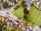 Aerial view of Dutch town, builidings, park, roundabout