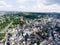 Aerial view of Dutch town, church, river, bridge, white building