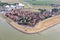 Aerial view Dutch village Hindeloopen at lake IJsselmeer with marina