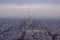 Aerial view on the Eiffel tower it`s surroundings at dawn, Paris