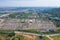 Aerial view of electricity generating, voltage poles. Power lines on utility tower and cable wires in energy electric technology,