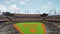 Aerial view of empty baseball stadium with fan zone, tribune filled with people, fans. 3D render of outdoor arena on