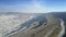 Aerial view empty railway at asbestos pit with cascade hills