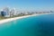 Aerial view of empty South Beach, Florida during COVID-19 beach closure.