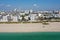 Aerial view of empty South Beach, Florida during COVID-19 beach closure.