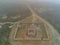 Aerial view of the English cemetery in Galicia, Spain on a foggy day