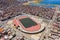 Aerial view of the Enrique Torres Belon Stadium in Puno on Lake Titicaca in Peru