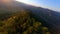 Aerial view epic mountain summit spruce trees woodland at sunset evening light environment altitude