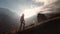 Aerial view of epic shot of a man walking on the edge of the mountain as a silhouette in a beautiful sunset. Silhouette