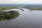 Aerial view estuary of Dutch river Vecht with sailing ships