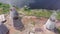 Aerial view of evaporating water from cooling tower of metallurgical plant