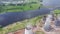 Aerial view of evaporating water from cooling tower of metallurgical plant