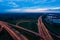 Aerial view on evening traffic on motorway junction