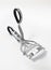 Aerial view of eyelash curler with black handles isolated on white background. Beauty accessory, close up