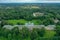 Aerial view of the facade of the Znamenka estate palace on a sunny summer day. Znamensky palace in Peterhof