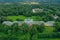 Aerial view of the facade of the Znamenka estate palace on a sunny summer day. Znamensky palace in Peterhof