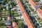 Aerial view family houses with backyards in Emmeloord, The Netherlands