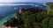 Aerial view of famous bali sight. Incredible drone round shot of temple on rock