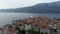 Aerial view of famous Croatian island Korcula, with mediterranean architecture, marina and luxury yachts and sailboats embarked.