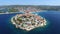 Aerial view of famous croatian touristic destination, town of Primosten, Croatia