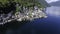 Aerial view of famous Hallstatt mountain village with Hallstaetter Lake in the Austrian Alps.