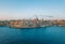 Aerial view of the famous huge defense walls and the old port of the Valletta city, Malta