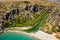 Aerial view of the famous Palm Forest and beach at the Cretan town of Preveli, Greece