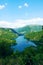 Aerial view of famous Piva canyon and oyster farms in the water