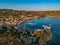 Aerial view of the famous seaside village Foinikounta situated in the southwestern tip of the Peloponnese peninsula about an hour