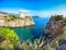 Aerial view at famous travel destination city of Dubrovnik - Fort Lovrijenac on a sunny day