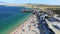 Aerial view of famous zrce party beach of Pag island in the morning, Croatia