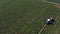 Aerial view of farm field with workers and machinery. People harvesting cop.