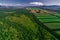 Aerial view of farm fields valley in the Kamchatka