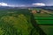 Aerial view of farm fields valley in the Kamchatka in Russia.