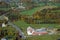 Aerial view of farm near Stowe, VT in autumn on Scenic Route 100