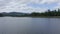 Aerial view, fast drone flying low over the river water with green trees on the shore, beautiful natural landscape