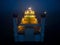 Aerial view of a ferryboat navigating through foggy conditions at night on the sea.