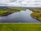 Aerial view of Fewston Reservoir dam feeding into Swinsty Reservoir in Yorkshire