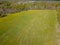 Aerial view of the field with green grass and yellow dandelions without people and garbage with forest and trees. Health and