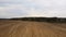 Aerial view of the field after harvesting. Countryside landscape. Brown land without plant, forest on the background.