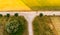 Aerial view of a field path between fields and meadows, which meets a yellow rapeseed field