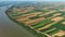 Aerial view of fields and Danube river in Serbia