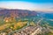 Aerial view of the fields, river and mountain. Beautiful landscape. Laos.