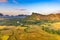 Aerial view of the fields, river and mountain. Beautiful landscape. Laos.