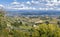 Aerial view of the fields with vineyards, olive groves and cypresses in the vicinity of San Gimignano, Tuscany, Italy